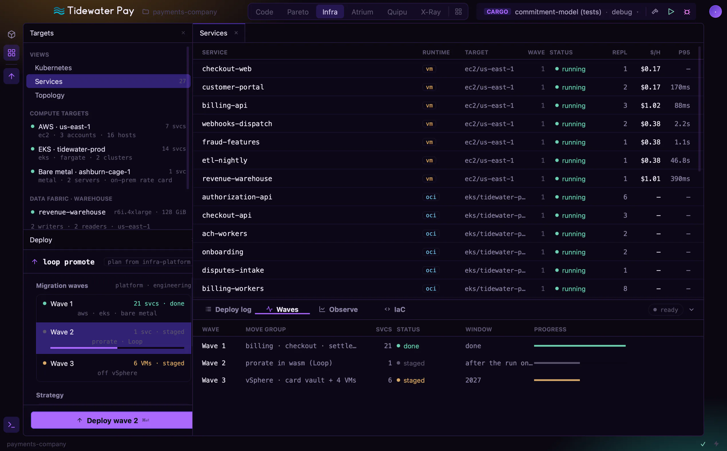 Infra: the fleet's services on every target, and the migration waves with a translated kernel landing in the second