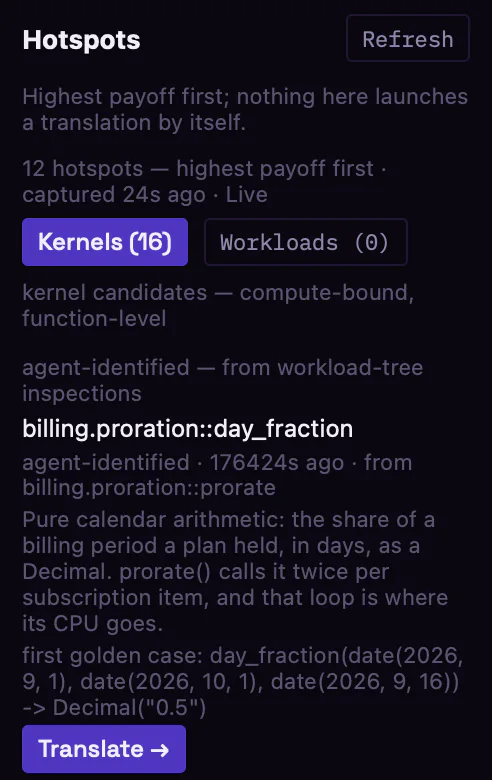 Workbench: the kernels the agent identified in production, each with its first golden case and a Translate action