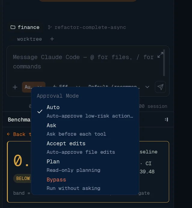 Workbench: the agent approval modes, from ask-before-each-tool to plan-only