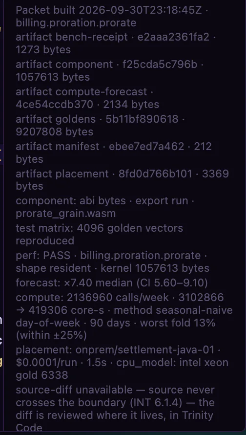 Workbench: the review packet, with golden vectors reproduced, the benchmark receipt and the speed-up forecast