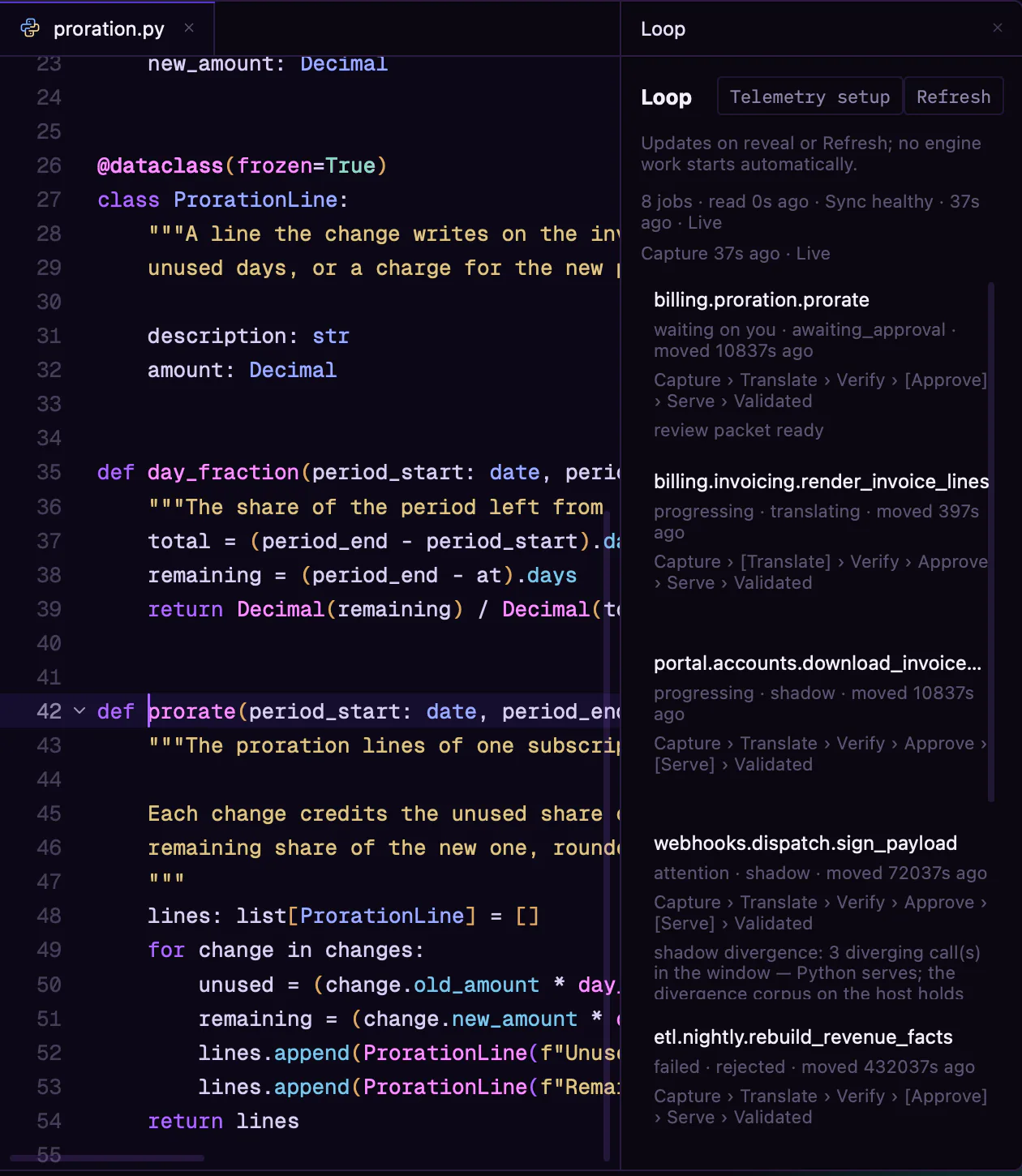 Workbench: the Loop panel, every translation on its step from capture to validated
