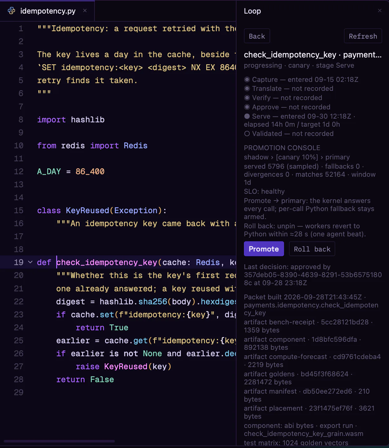 Workbench: a translated kernel on canary, its promotion console with promote and roll back
