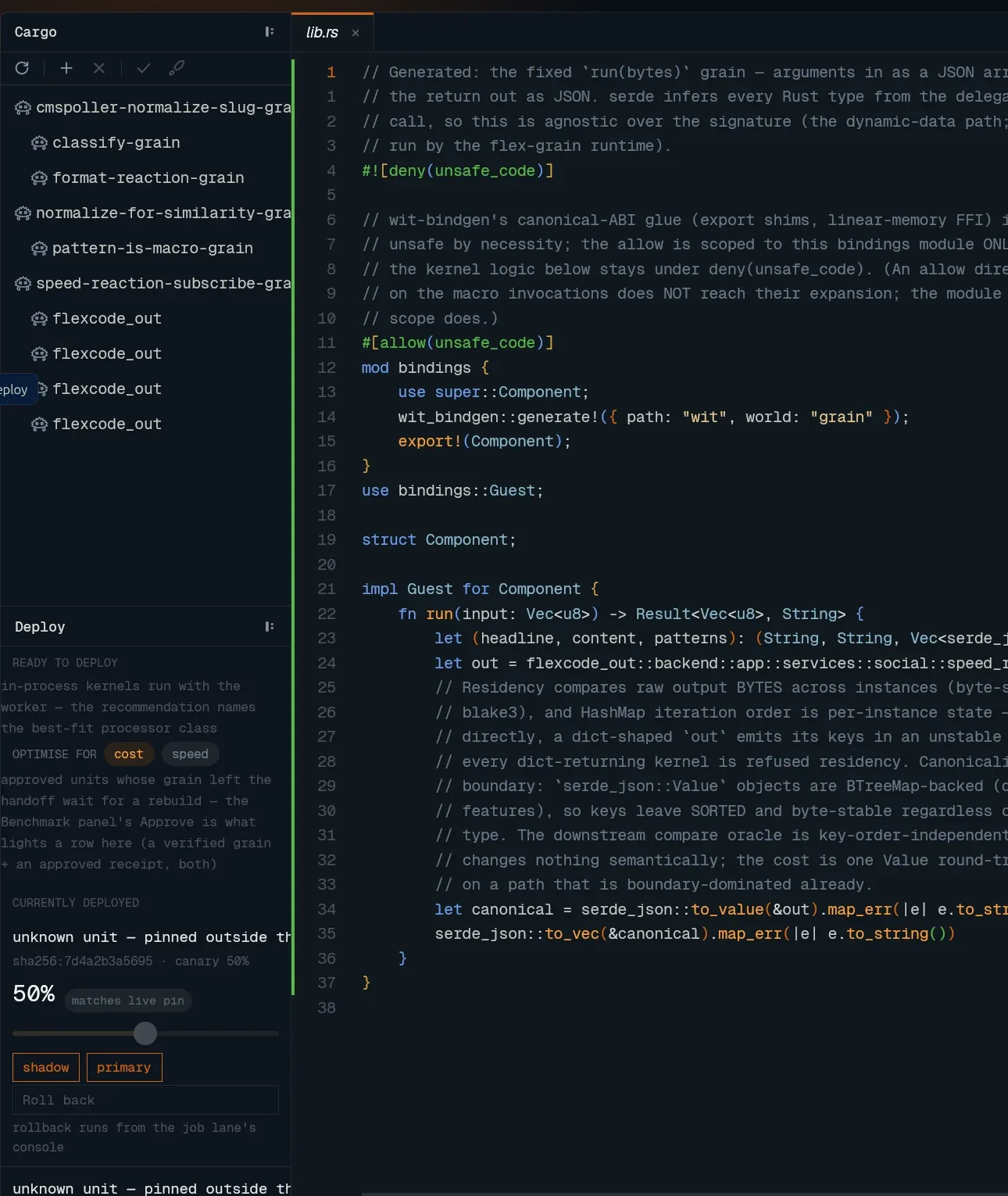 Workbench: the Deploy panel with the pool's live pin