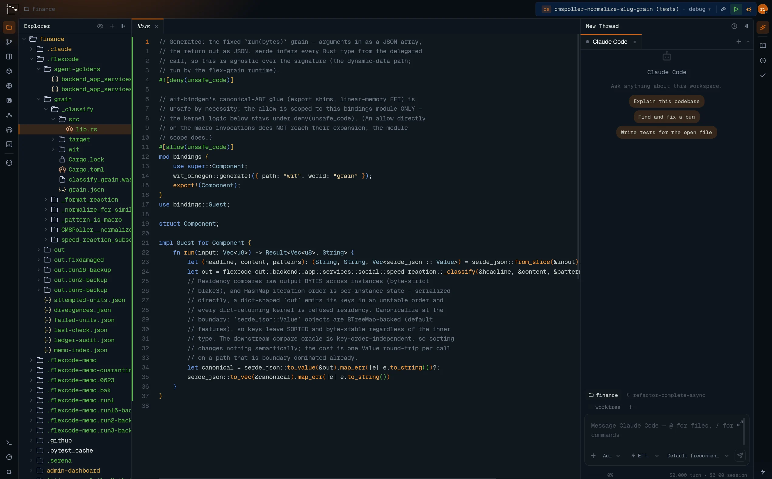 Workbench: the native editor with a translated Rust grain open, the agent and benchmark docks beside it