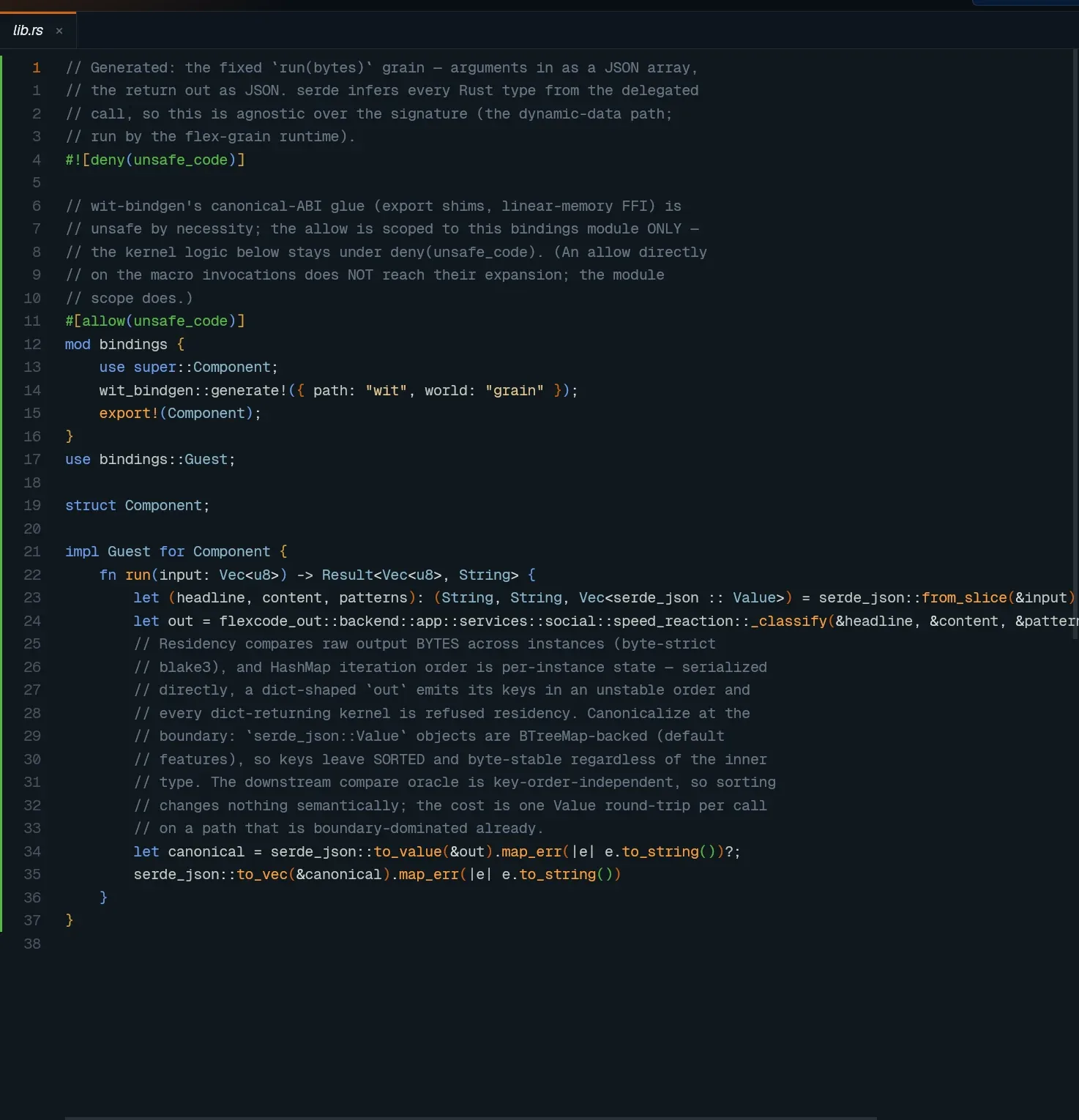 Workbench: the native editor with a Rust grain open and the agent dock