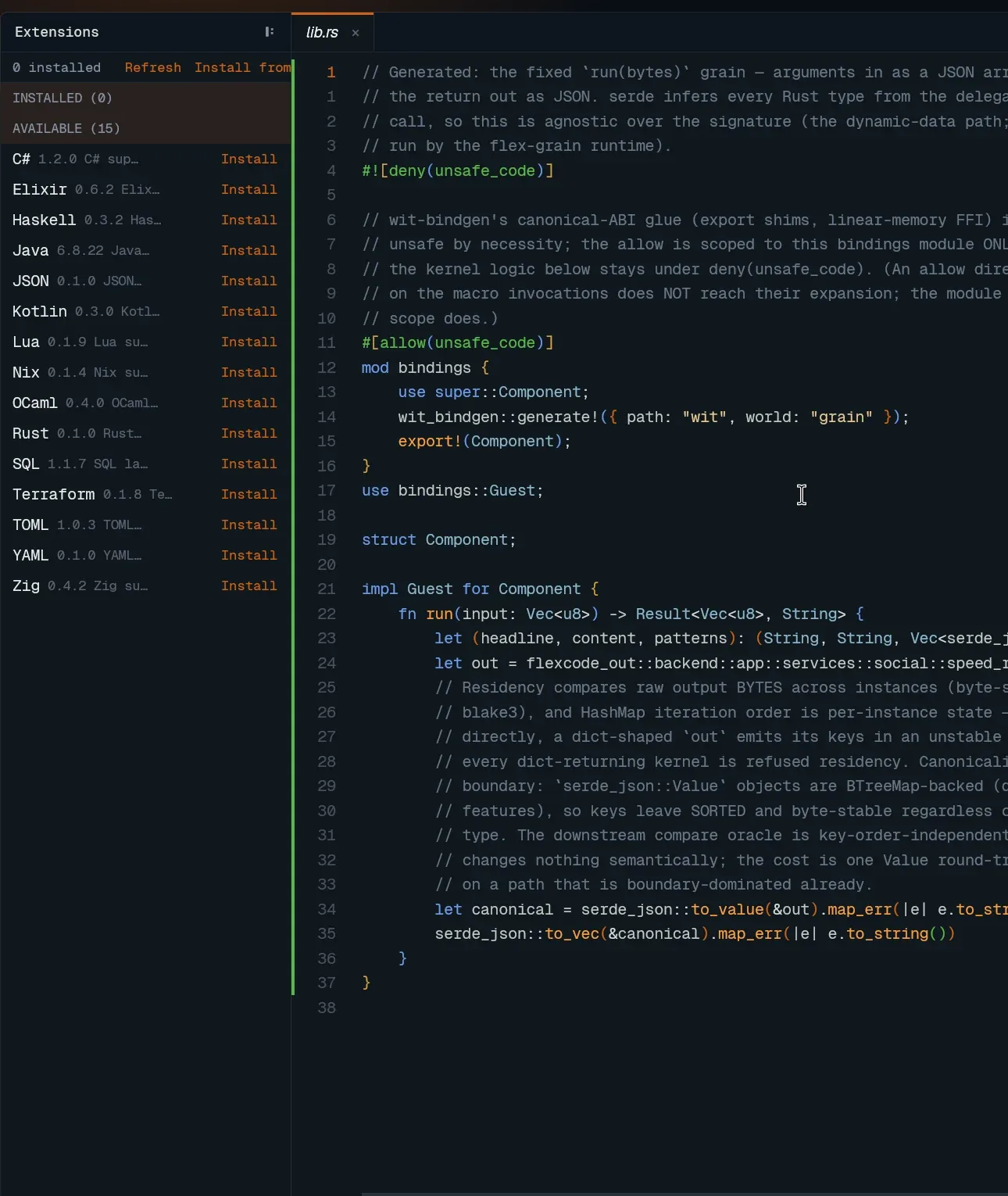 Workbench: the extensions panel