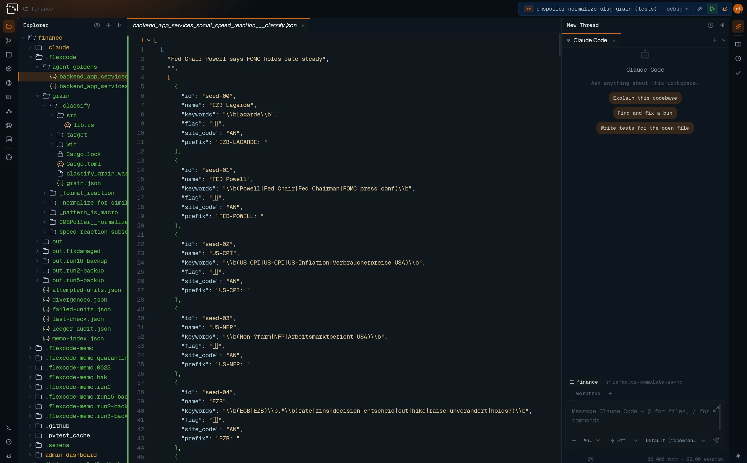 Workbench: a captured golden case opened in the editor, the agent panel beside it