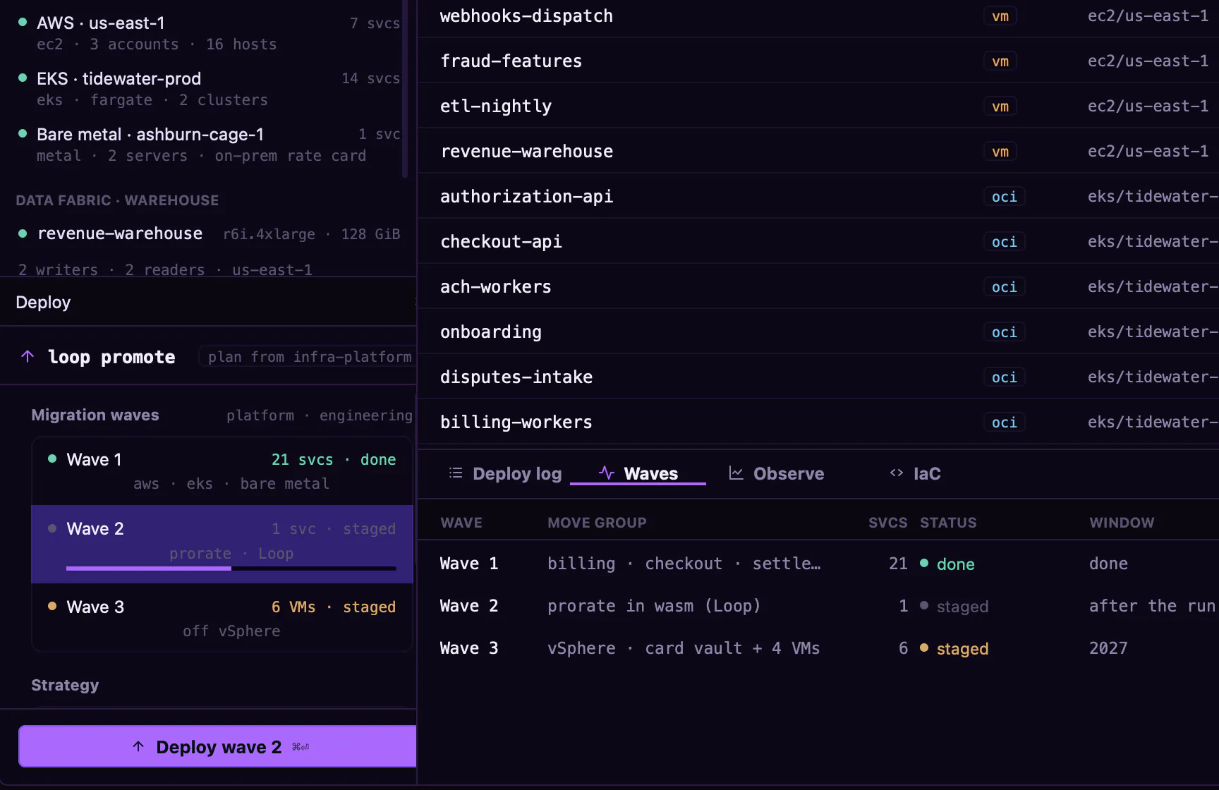 Infra: the migration waves, a translated kernel landing in the second